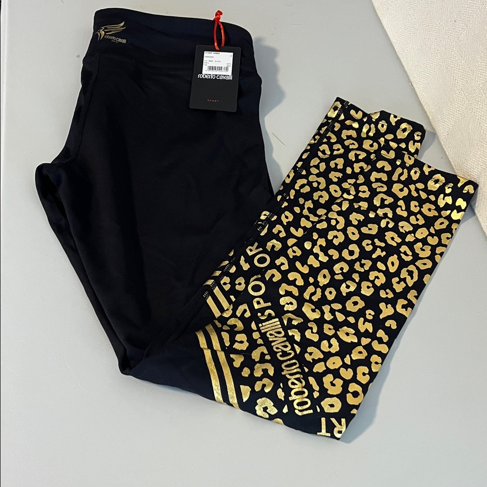 NWT Roberto Cavalli Sport Black and Gold Animal Print Leggings Size Large New